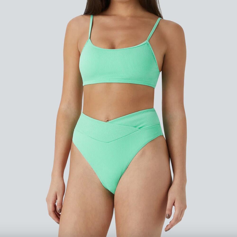 Halara NWT Sunshine Green Ribbed Crossover Bikini Set - Small Bottom, Medium Top